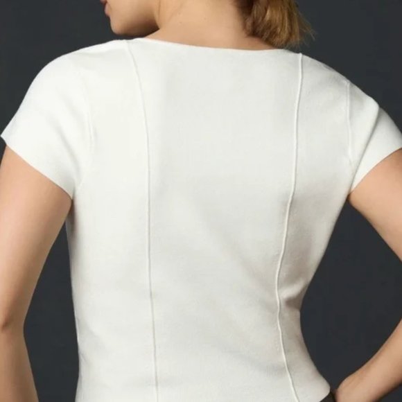 NWT Anthropologie White Zip Front Short Cap Sleeve Sweater Scoop Neck Women's‎ M - Picture 3 of 15